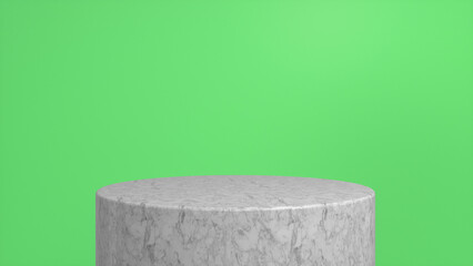 Marble glossy podium, pedestal on green background. Blank showcase mockup with empty round stage. Abstract geometry background. Stage for advertising product display with copy space. 3d render