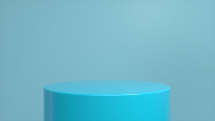 Blue glossy podium, pedestal on blue background. Blank showcase mockup with empty round stage. Abstract geometry background. Stage for advertising product display with copy space. 3d render