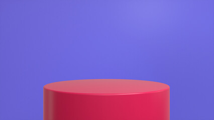 Red glossy podium, pedestal on purple background. Blank showcase mockup with empty round stage. Abstract geometry background. Stage for advertising product display with copy space. 3d render
