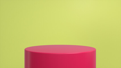 Red glossy podium, pedestal on yellow background. Blank showcase mockup with empty round stage. Abstract geometry background. Stage for advertising product display with copy space. 3d render