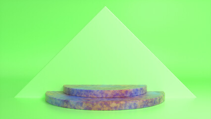 Colorful stone podium on green abstract triangular background. Blank showcase mockup with empty round stage. Geometry background. Stage for advertising product display with copy space. 3d render