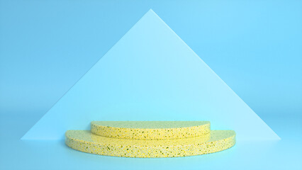 Yellow glossy stone podium on blue abstract triangular background. Blank showcase mockup with empty round stage. Geometry background. Stage for advertising product display with copy space. 3d render