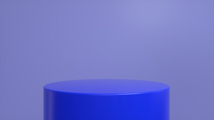 Blue glossy podium, pedestal on purple background. Blank showcase mockup with empty round stage. Abstract geometry background. Stage for advertising product display with copy space. 3d render