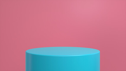 Blue glossy podium, pedestal on pink background. Blank showcase mockup with empty round stage. Abstract geometry background. Stage for advertising product display with copy space. 3d render
