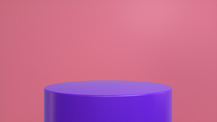 Purple glossy podium, pedestal on pink background. Blank showcase mockup with empty round stage. Abstract geometry background. Stage for advertising product display with copy space. 3d render