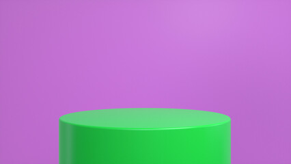 Green glossy podium, pedestal on purple background. Blank showcase mockup with empty round stage. Abstract geometry background. Stage for advertising product display with copy space. 3d render