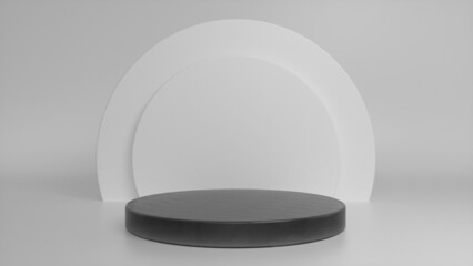 Black glossy podium, pedestal on grey background. Blank showcase mockup with empty round stage. Abstract geometry background. Stage for advertising product display with copy space. 3d render