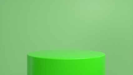 Green glossy podium, pedestal on green background. Blank showcase mockup with empty round stage. Abstract geometry background. Stage for advertising product display with copy space. 3d render