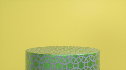 Green glossy pattern podium, pedestal on yellow background. Blank showcase mockup with empty round stage. Abstract geometry background. Stage for advertising product display with copy space. 3d render