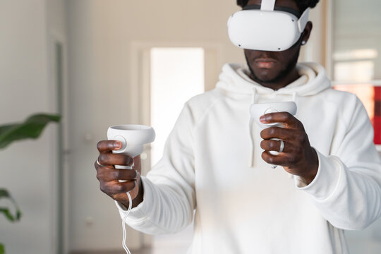 Black Man Using Virtual Reality Glasses 