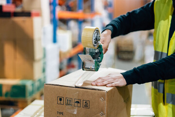 Anonymous worker sealing boxes with tape 