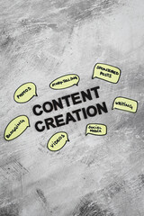 content creation concept, text surrounded by comic bubble icons with different element of online...