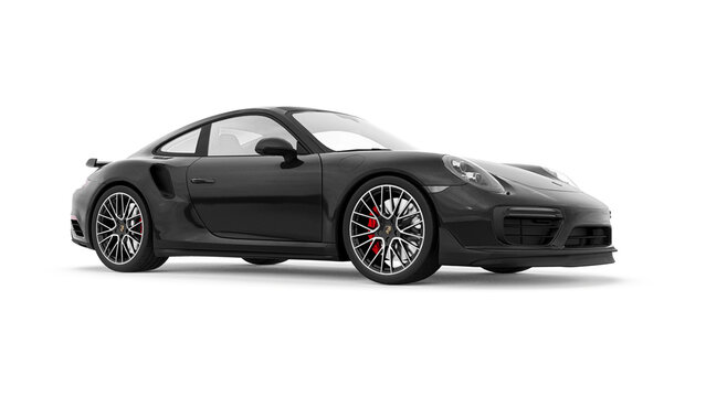 Paris, France. March 15, 2021: Porsche 911 Turbo S 2016 black sports car coupe isolated on white background. 3d rendering.