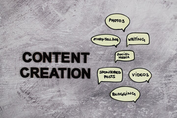 content creation concept, text surrounded by comic bubble icons with different element of online...