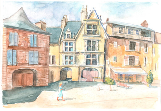 The city of Bergerac, a medieval street with old stone medieval houses on a sunny day are painted in watercolor.