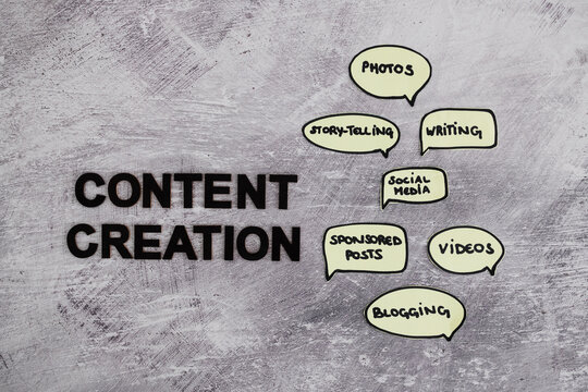 content creation concept, text surrounded by comic bubble icons with different element of online content from photos and videos to blogs and sponsored posts
