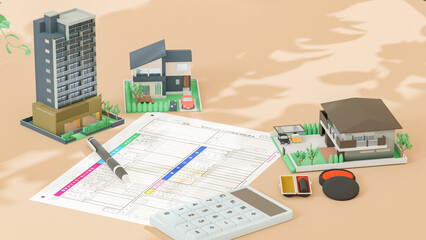 3Dイラストレーションで構成された住宅と確定申告書のイメージ。