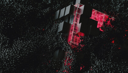 Pink Tech cube surrounded by electromagnetic particles