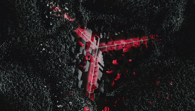 Pink Tech cube surrounded by electromagnetic particles