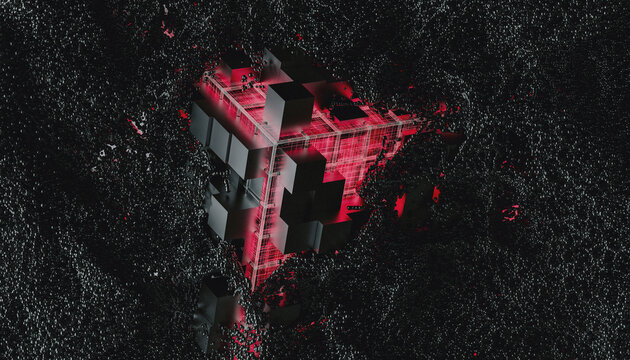 Pink Tech cube surrounded by electromagnetic particles
