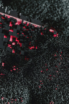 Pink Tech cube surrounded by electromagnetic particles