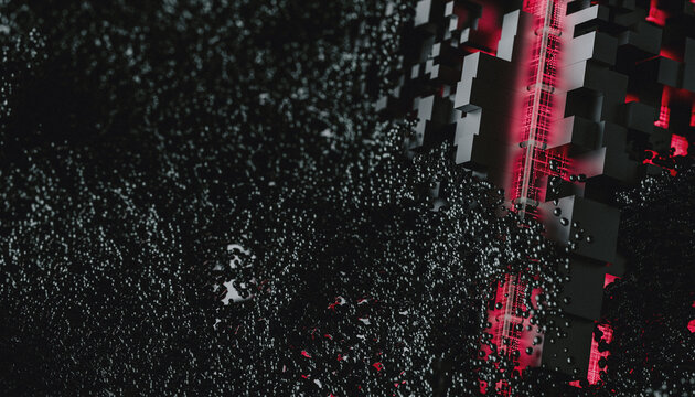 Pink Tech cube surrounded by electromagnetic particles