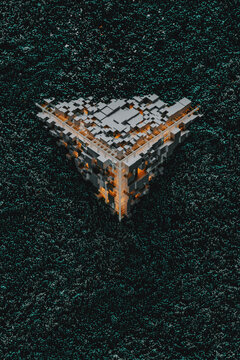 Orange Tech cube surrounded by electromagnetic particles