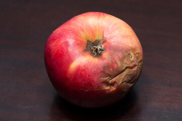 A red rotten apple. Spoiled fruit. The concept of death.