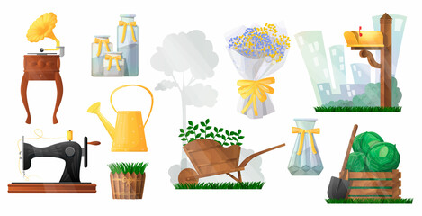 Vector set elements in concept of spring. It depicts retro gramophone, vases, bouquet of autumn flowers, mailbox, antique sewing machine, watering can, wooden decorative cart, box with harvest.