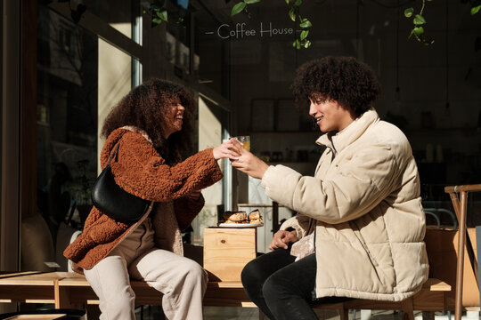 Couple having lunch at restaurant terrace