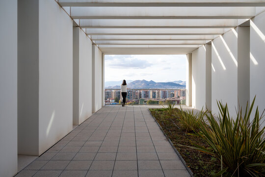 Corridor of modern building with view of city