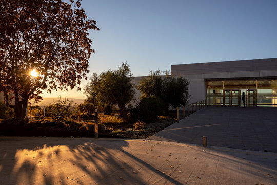 Entrance of modern building in evening