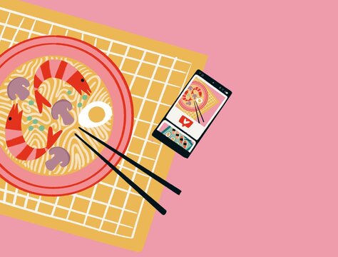 Japanese food. Ramen noodle soup and mobile illustration