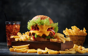 Homemade burger with french fries