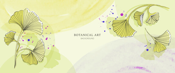 Gingko. Abstract botanical and floral art background. Vector for design and decoration. Yellow, purple and green colors