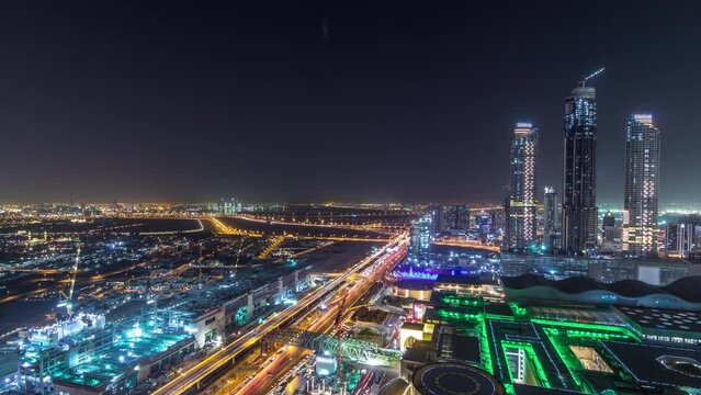 Dubai downtown night timelapse. Top view from above