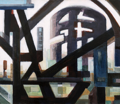 A semi-abstract painting of an urban location.