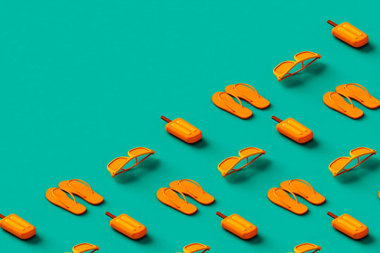 orange flip flops, ice lolly, and sunglasses. 3d render