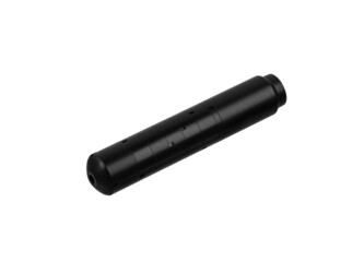 Black silencer for weapons. Suppressor that is at the end of an assault rifle. Isolate on a white...