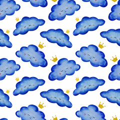 Seamless pattern with cartoon clouds watercolor and pencil hand drawn illustration with white isolated background