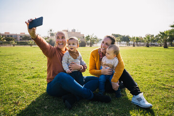 Women with children taking selfie in park