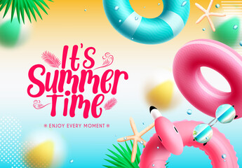 Summer time vector background design. It's summer time typography text in gradient pattern background with floaters and leaves elements for tropical season holiday decoration. Vector illustration.
