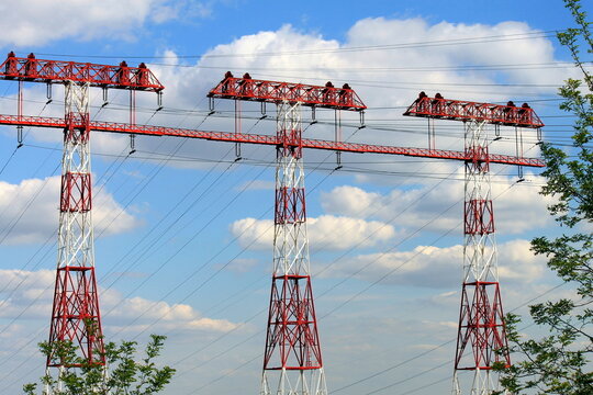 mast of high-voltage power line goes from Dnieper hydroelectric power station, Zaporozhye nuclear power plant. Zaporizhzhia, Energodar, Ukraine