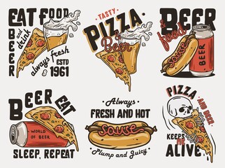 New pizza and beer t-shirt print set, beer and fast food, hot dog and pinta of beer