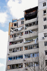 Kyiv, Ukraine, 17 March 2022: War of Russia against Ukraine. A residential building damaged by enemy aircraft in Ukrainian capital Kyiv, apartments destroyed following Russian rocket attack city