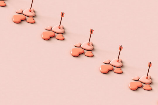 a row of pink hearts with cupid's arrow.