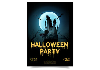Dark Castle with full moon  at mysterious night . Halloween party poster