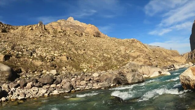 mountain river close-up, running over rocks