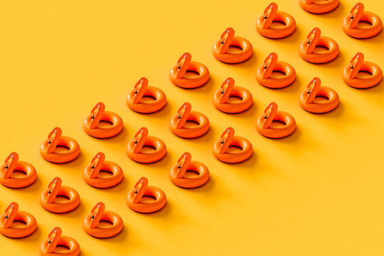 rows of inflatable flamingo. 3d render