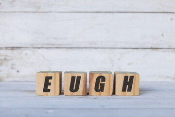 Eugh concept written on wooden cubes or blocks, on white wooden background.